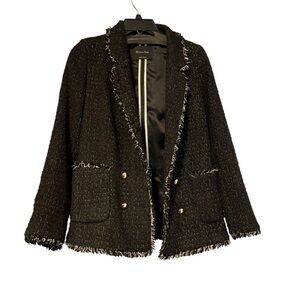 Massimo Dutti Black Tweed Fringed Double-Breasted Blazer